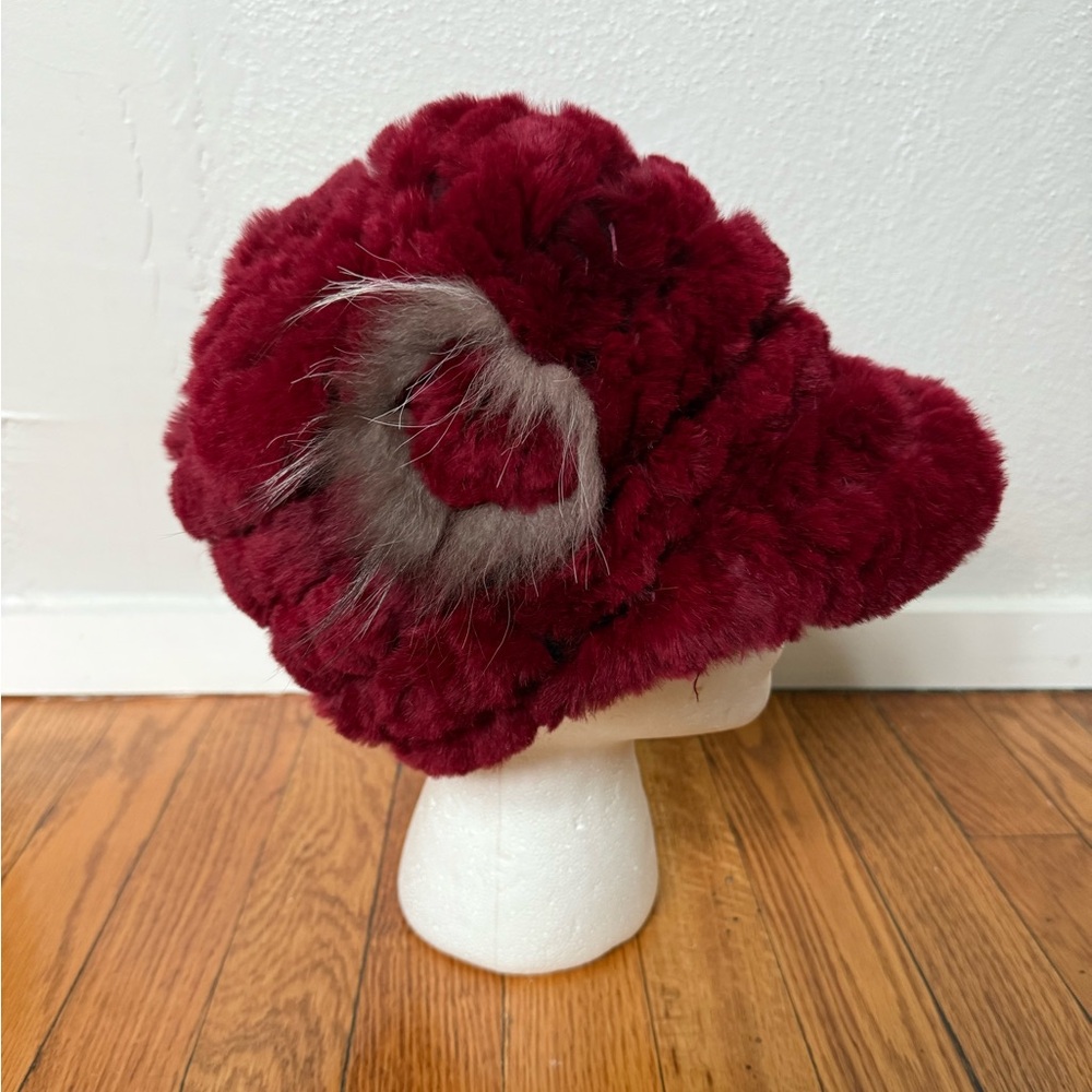 Dyed Real Rabbit Fur Hat in Burgundy Color One Size